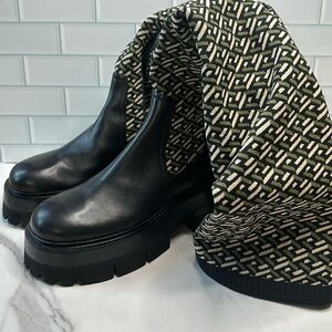 Versace black khaki leather multipanel design patterned knee high boots